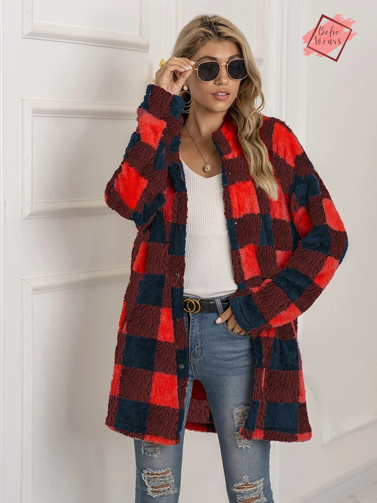 Chic and Cozy: Women's 2024 Winter Plush Overcoats in Trendy Vintage Plaid Design