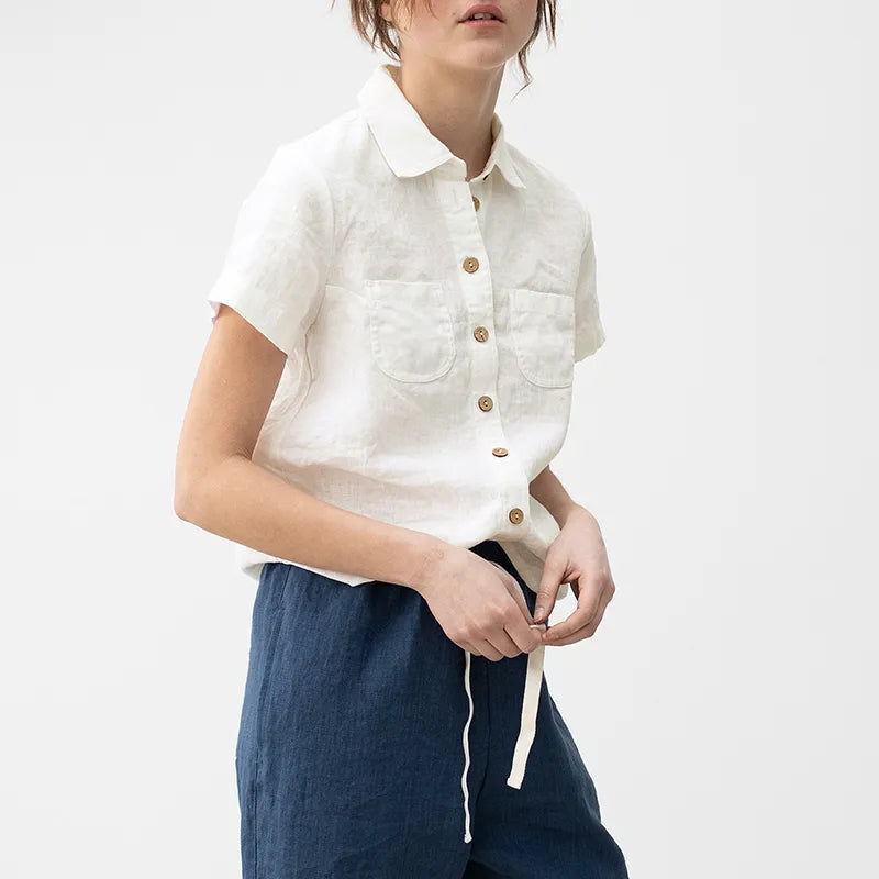 Women's Cotton Linen Turn Down Collar Button Up Shirt