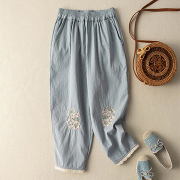 Cotton and Linen Embroidered Summer Retro Loose Lace Harem Pants