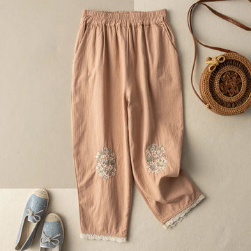 Cotton and Linen Embroidered Summer Retro Loose Lace Harem Pants