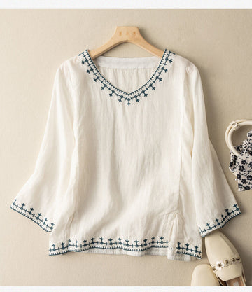 Cotton and Linen women tunic, V-neck retro thin embroidered top, boho linen blouse