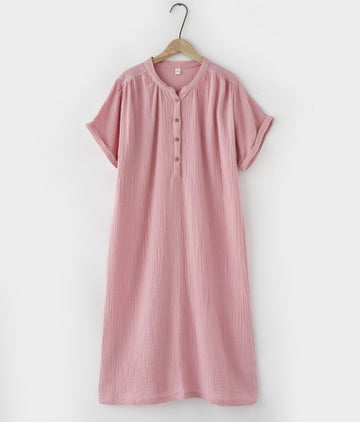 Robe 100% coton pour femmes, robes mi-longues boutonnées à manches courtes et col rond, robe d'été