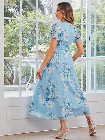 Robe imprimée florale bleu clair pour femmes, robe de vacances Maxi