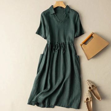 A-line women cotton linen dress V-neck short sleeve collared loose high waist tie dress with pockets