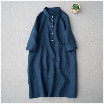 Shirt Dress Women Vintage Linen Dress Tunic Buttons Dress Cotton Linen