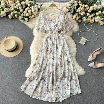 Robe bohème froncée à manches courtes en mousseline de soie à fleurs pour femmes