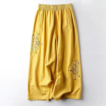 Damen-Hose aus Leinen und Baumwolle im Vintage-Stil mit elastischem Bund und Stickerei