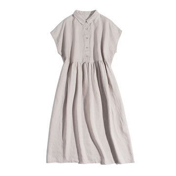 Cotton Linen Summer Shirt Dress with Buttons, Turn-Down Collar Short Sleeve Button Up  A-LINE Dress, M-XXL, Empire Waist