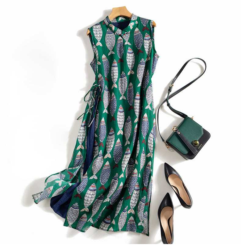 Women's Fish Print Vintage Linen Thin Loose Waist Sleeveless A-Line Dress