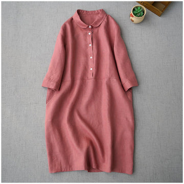 Shirt Dress Women Vintage Linen Dress Tunic Buttons Dress Cotton Linen