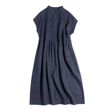 Cotton Linen Summer Shirt Dress with Buttons, Turn-Down Collar Short Sleeve Button Up  A-LINE Dress, M-XXL, Empire Waist