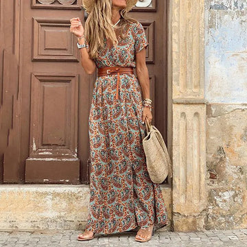 Boho élégant col en V à manches courtes avec ceinture robe longue pour femmes