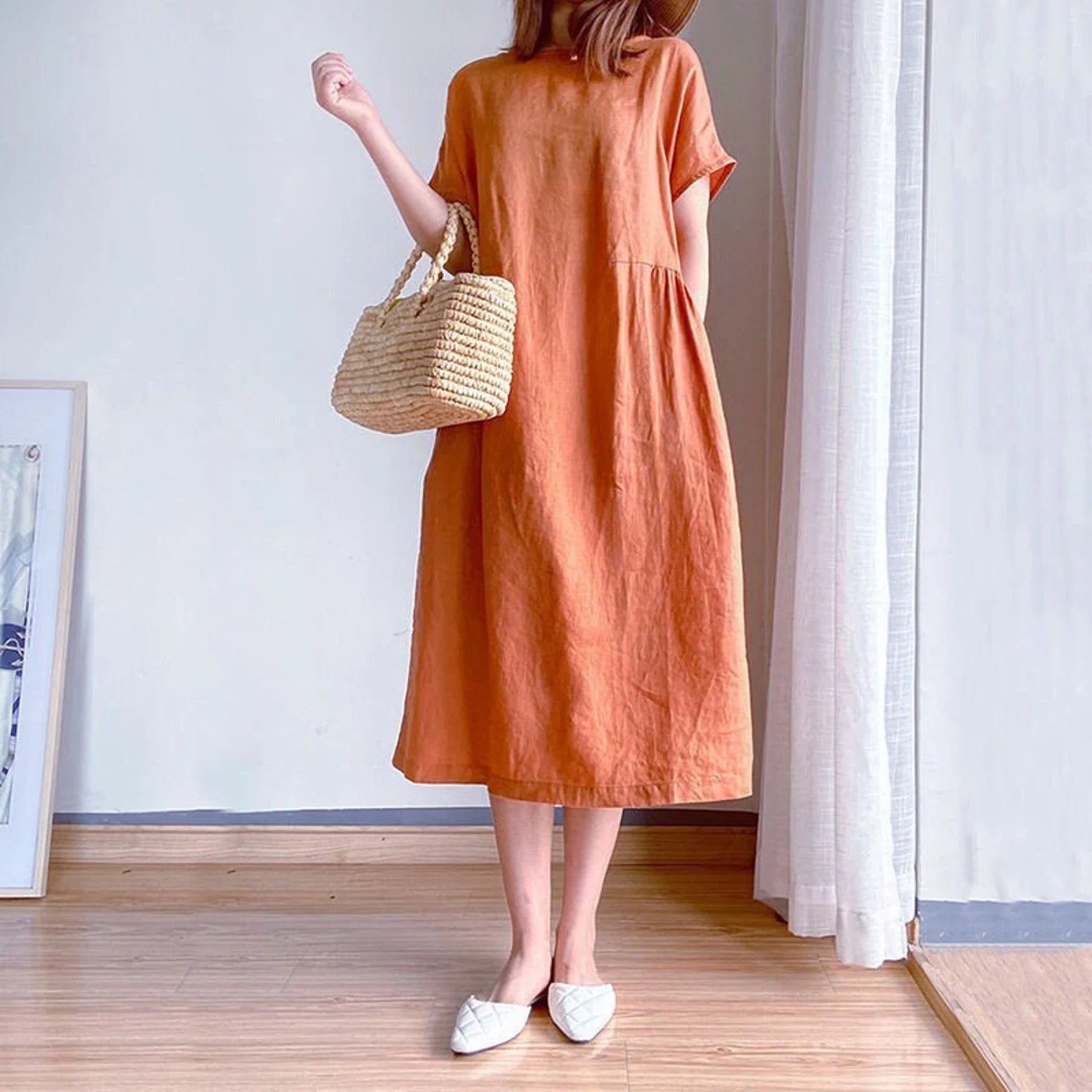 Women's Cotton Linen Loose Summer Short Sleeve Casual Dresses