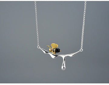 925 Sterling Silver Bee and Dripping Honey Pendant Necklace Handmade Jewelry for Women