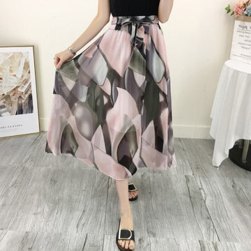 Vintage floral print chiffon sprint summer A line streetwear high waist midi skirt