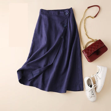 Cotton Linen Elastic Waist Button Casual Retro High Waist Half Umbrella Skirt For Women