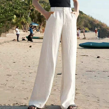 Pantalon d'été en coton et lin, pantalon à fermeture éclair taille haute, pantalon droit ample décontracté à jambe large