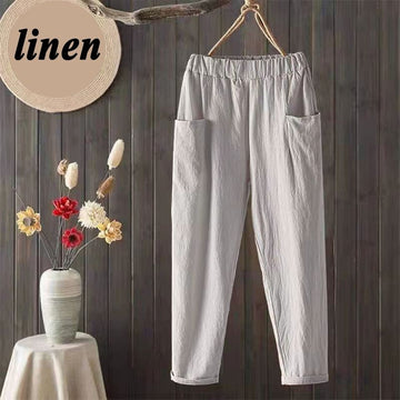 Summer Linen Elastic Waist Straight Relaxed Trouser Pant with Pockets