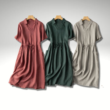 A-line women cotton linen dress V-neck short sleeve collared loose high waist tie dress with pockets