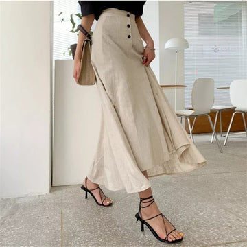 Linen Skirt Button Trimmed A-Line Skirt Elegant Vintage Stylish Solid Cotton Linen Skirt