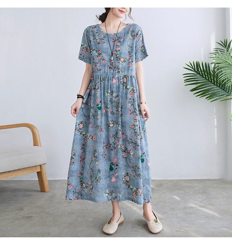 Summer Floral Linen Cotton Dress Casual Loose Short Sleeves Dress Boho Dress