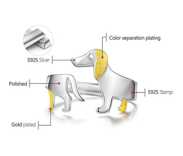 Echte 925 Sterling Silber süße Dackel Hund verstellbare Ringe für Frauen