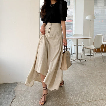 Linen Skirt Button Trimmed A-Line Skirt Elegant Vintage Stylish Solid Cotton Linen Skirt