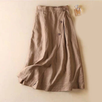 Cotton Linen Elastic Waist Button Casual Retro High Waist Half Umbrella Skirt For Women