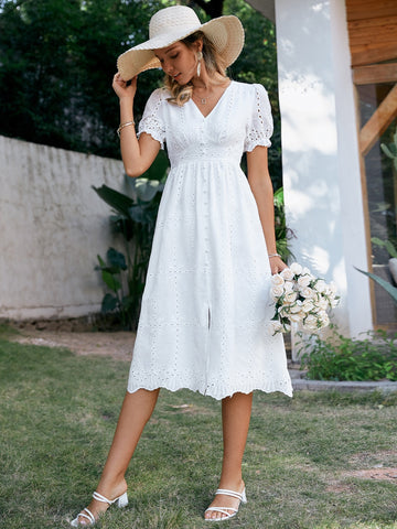 Summer Cotton Dress, Hollow out Midi Dress, Women Puff Short Sleeve Dress, Summer Split Front Dress