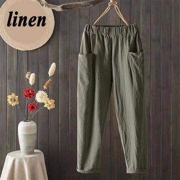 Summer Linen Elastic Waist Straight Relaxed Trouser Pant with Pockets