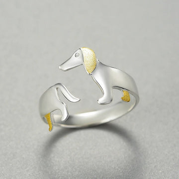 Real 925 Sterling Silver Cute Dachshund Dog Adjustable Rings for Women