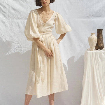 Linen Dress, V Neck Dress, Pleated Dress, Puff Sleeve, Wrap Dress