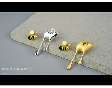 Women 925 Sterling Silver Handmade Bee and Dripping Honey Asymmetric Stud Earrings