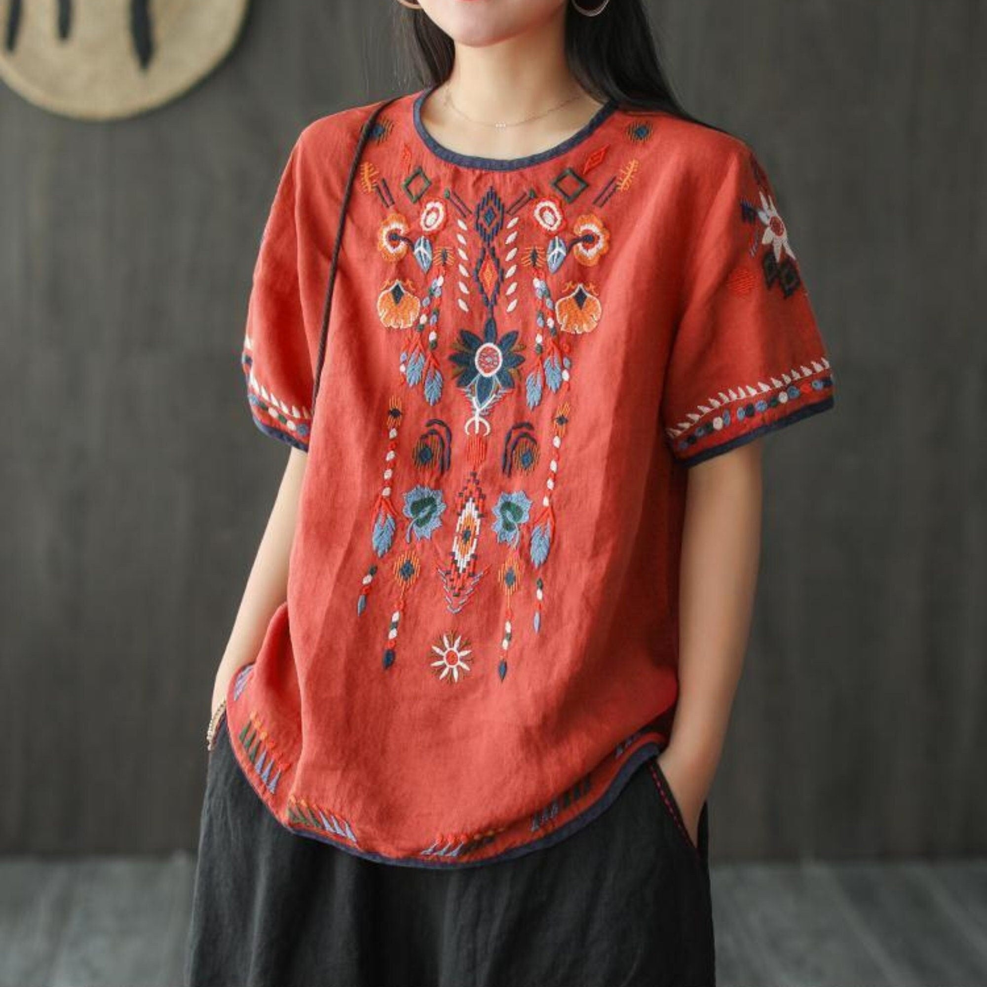 Embroidery Linen Cotton Women Shirt, Summer Spring Blouse, Boho Retro Summer Beach Linen Top