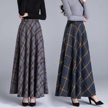 Vintage Inspired Long Wool Plaid Skirt, 1950s Winter Maxi Wool Skirt Women, Green A-Line Skirt, High Waist Skirt with Pockets