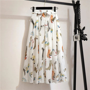 Vintage floral print chiffon sprint summer A line streetwear high waist midi skirt